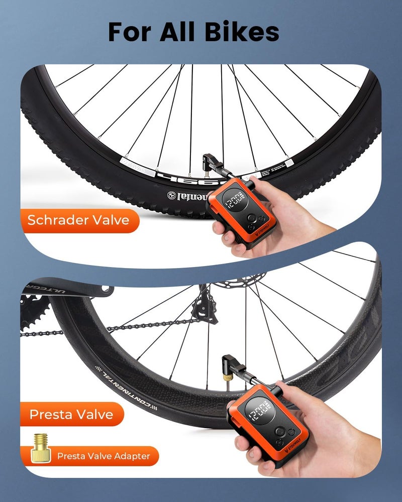 ETENWOLF Mini Bike Pump,20s Fast Inflate Bicycle Pump with Guage,150PSI Portable Electric Bike Air Pump with Presta and Schrader Valve for Mountain Bike,Road Bike,Motorcycle,Car,Sport Ball - Image 3